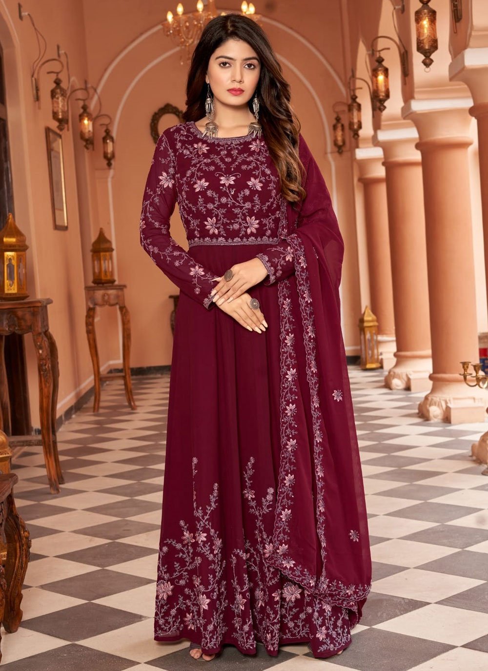 Georgette Embroidered Dark Wine Color Suit at Rs 4912 in Jodhpur | ID:  19128990588