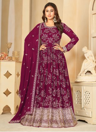 Wine Georgette Embroidered Trendy Salwar Suits