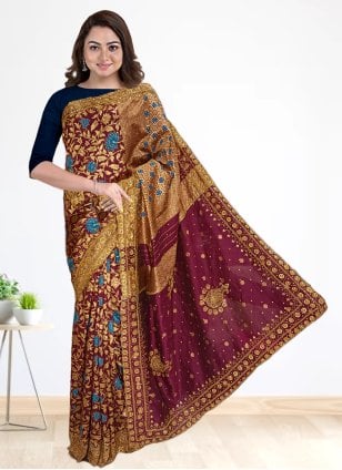 Wine Kanjivaram Silk Embroidered Contemporary Sari