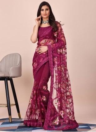 Wine Net Embroidered Trendy Saree