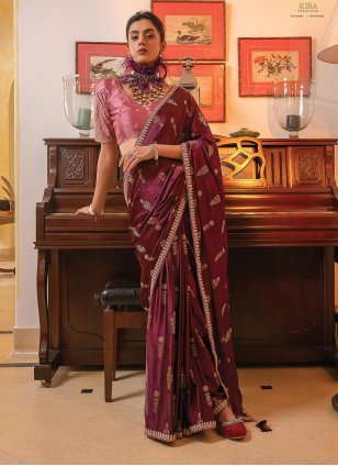 Wine Satin Embroidered Contemporary Sari