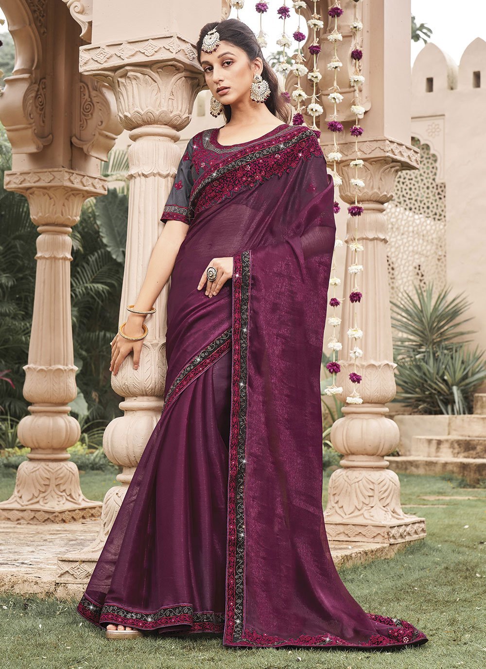 Buy Wine Hand-painted Silk Chiffon Dupion Silk Taping Saree Online in India  | Colorauction