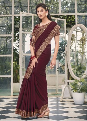 Wine Shimmer Embroidered Trendy Saree