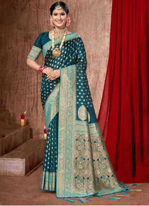 Woven work Teal color Banarasi Silk fabric Woven Traditional Saree