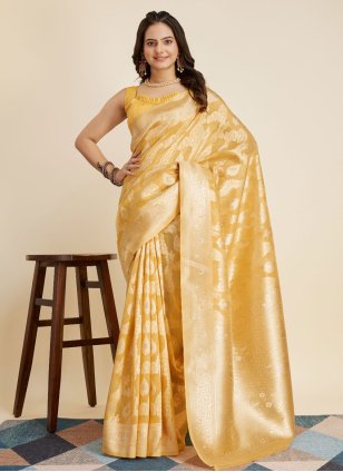 Yellow Banarasi Silk Weaving Trendy Saree