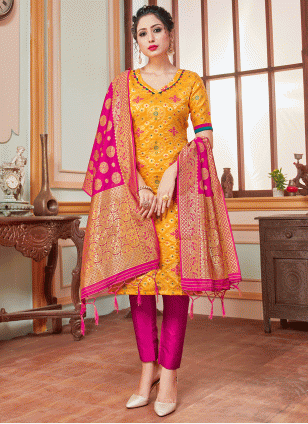 Yellow Banglori Silk Fancy Work Women's Salwar suit