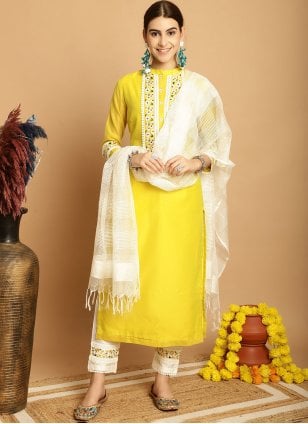 Yellow Chanderi Embroidered Trendy Salwar Suits
