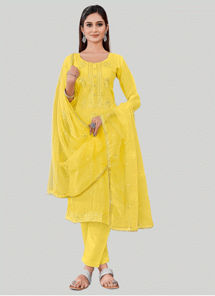 Yellow Chanderi Embroidered Women's Salwar suit