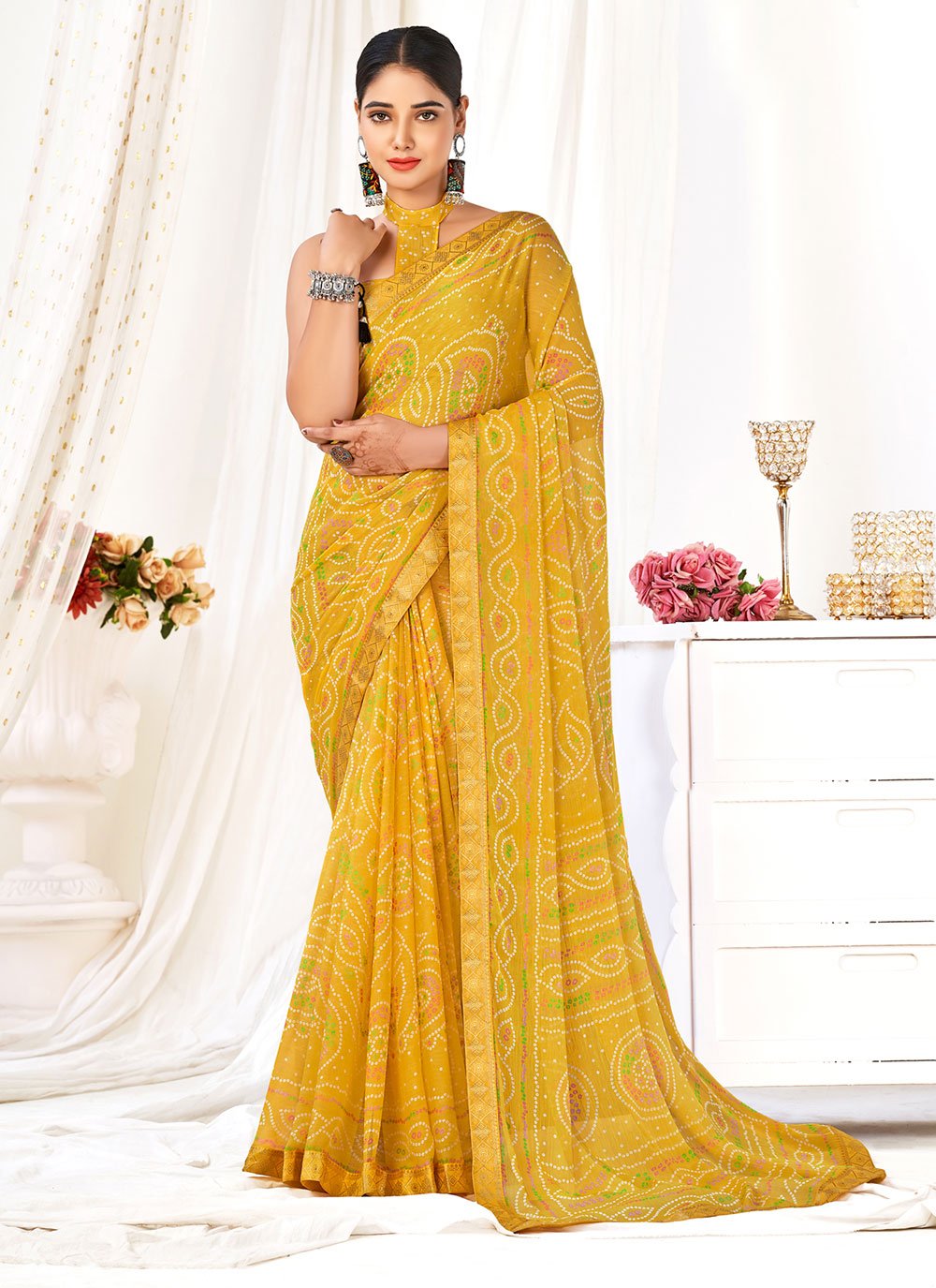 Buy Lemon Yellow Saree In Organza With Multi Colored Applique Flowers On  The Border And Cut Dana Accents Online - Kalki Fashion