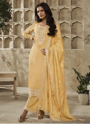 Yellow Embroidered With Swarovski Work Dola Silk Salwar Suit at Rs 3099.00  | Ladies Salwar Suits | ID: 2851807498012