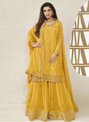 Yellow Chinon Embroidered Women's Salwar suit