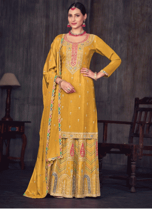 Yellow Chinon Embroidered Women's Sharara Salwar Kameez