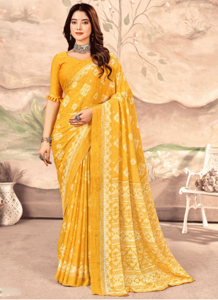 Yellow color Chiffon Traditional Saree with Printed work