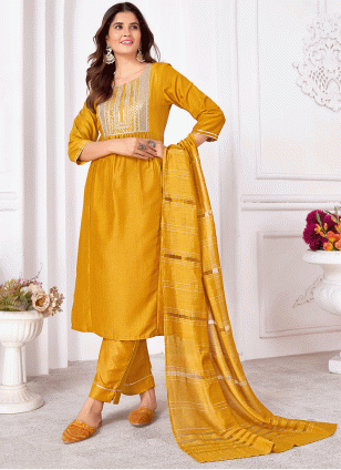 Yellow Fancy Work Readymade Salwar Suits