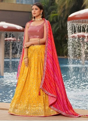 Yellow Georgette Embroidered A - Line Lehenga