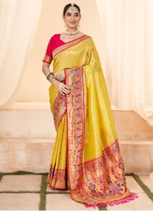 Yellow Handloom Silk Jacquard Trendy Saree