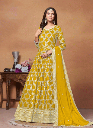 Yellow Jacquard  Trendy Gown