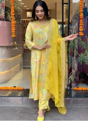 Yellow Muslin Embroidered Readymade Salwar Suits