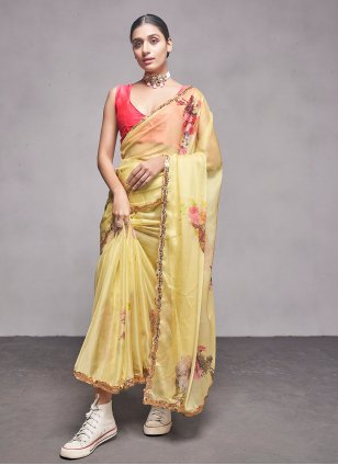 Yellow Organza Printed Classic Sari