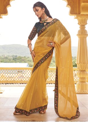 Yellow Reception Chiffon Party Wear Saris and Yellow Reception Chiffon  Partywear Sarees online shopping