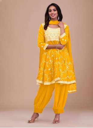 Yellow Vichitra Silk Embroidered Trendy Salwar Suits