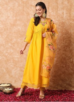 Yellow Viscose Embroidered Readymade Salwar Suits